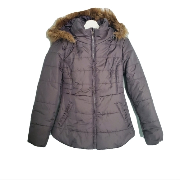 NWT RAMPAGE Gray Faux Fur Trim Hooded Jacket - Picture 2 of 6